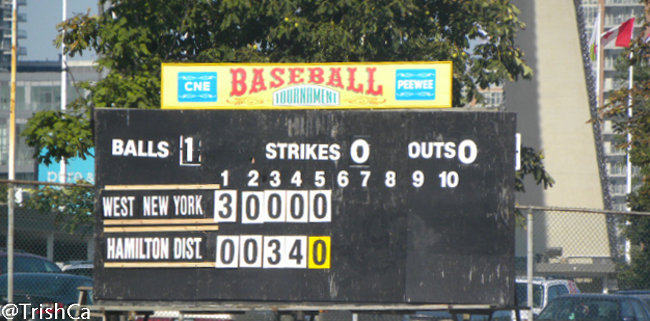 2013 Lions-CNE Peewee Baseball Tournament Scoreboard [credit: Trish Cassling]